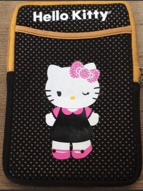 Vintage Y2K Modern Retro Polka Dot Hello Kitty Black and Pink Tablet Sleeve.